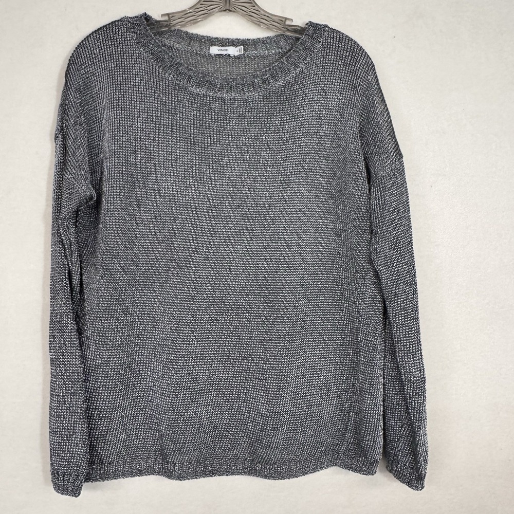 Vince. Silver Metallic Knit Long Sleeve Sweater Pullover Crewneck Pewter Sz M